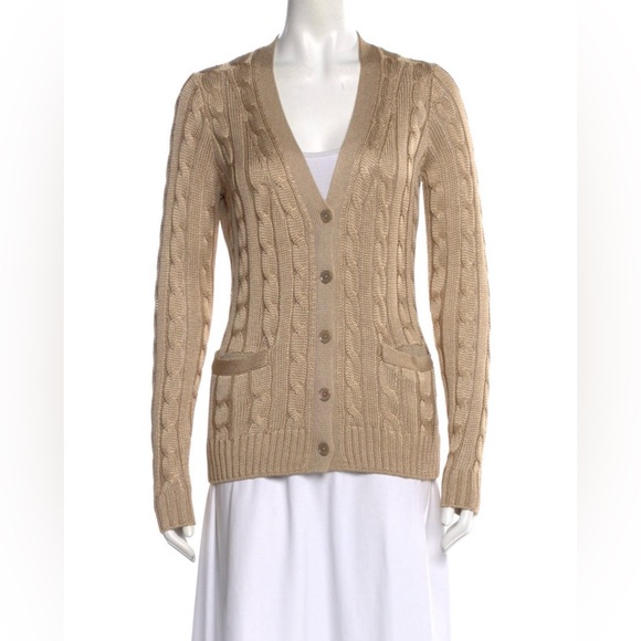RALPH LAUREN COLLECTION BROWN SILK CABLE KNIT CARDIGAN - Picture 9 of 11